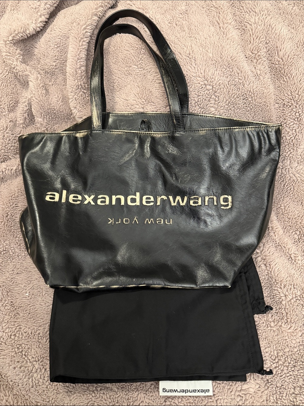 Alexander Wang Black Leather Logo Shopper Tote with Gold Accents